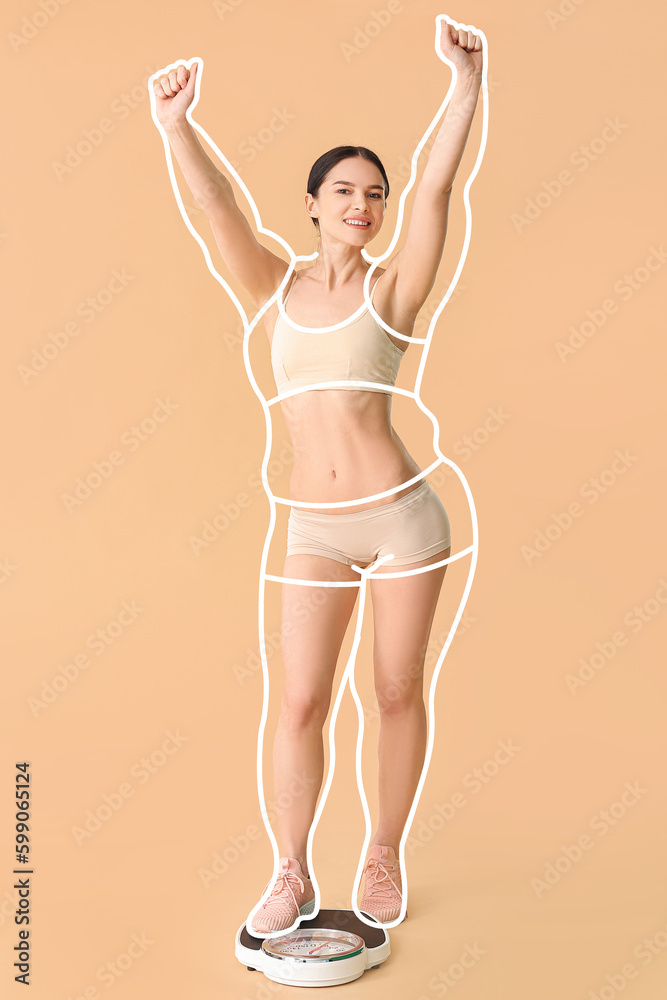 Happy young woman after slimming standing on weight scales against beige background