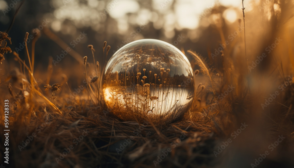 Sunset sphere reflects nature beauty in close up generated by AI