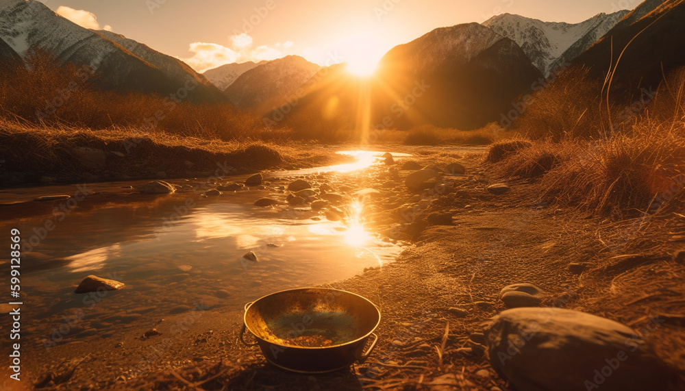 Sunset over mountain range, tranquil scene reflected generated by AI