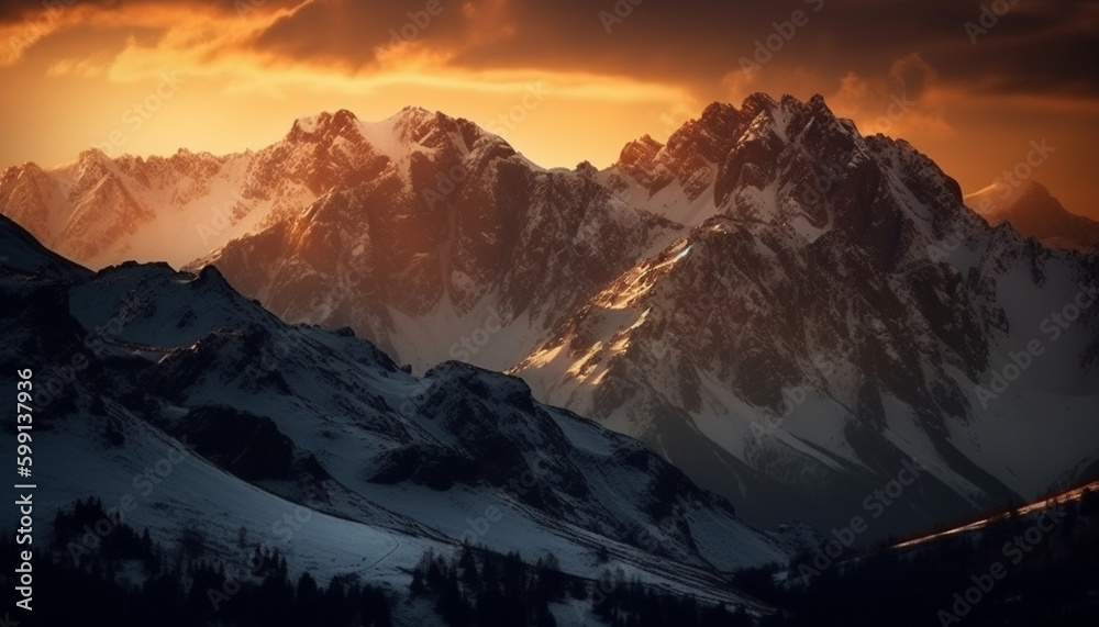 Majestic mountain range, tranquil scene, awe inspiring beauty generated by AI