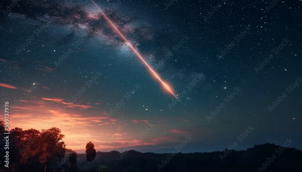 Milky Way illuminates majestic mountain landscape at dusk generated by AI