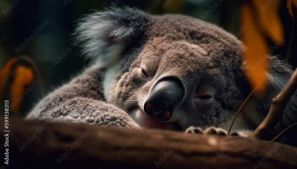 Sleeping koala, soft fur, peaceful nature scene generated by AI