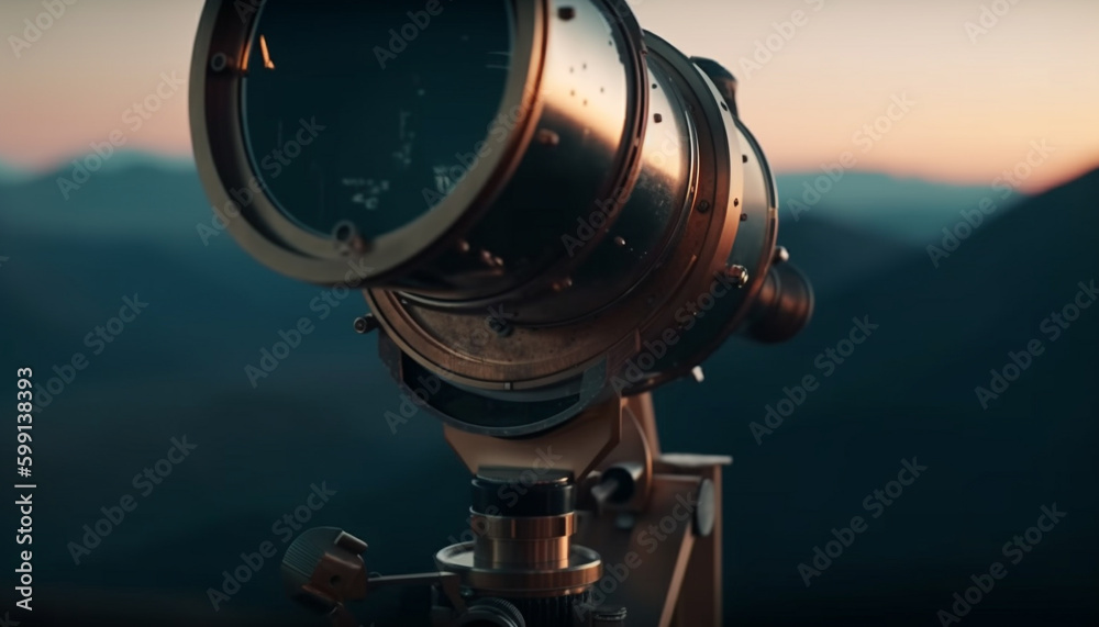 Hand held telescope watching mountain landscape at sunset generated by AI