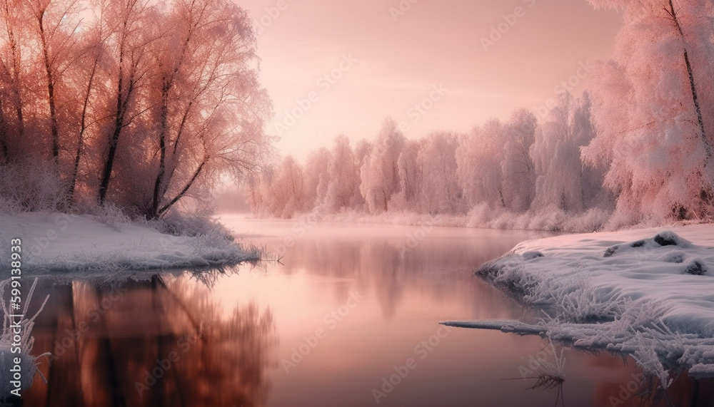 Tranquil winter landscape, frozen pond reflects beauty generated by AI