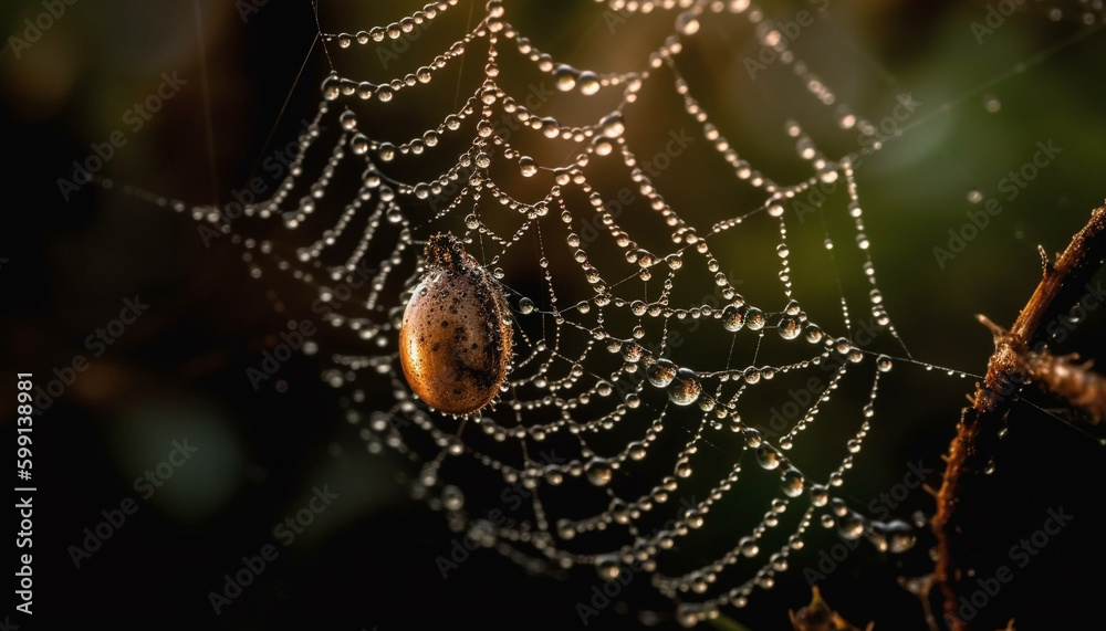 Spider web glistens with dew drops outdoors generated by AI