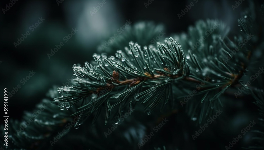 Evergreen branch with dew, snow, and freshness generated by AI