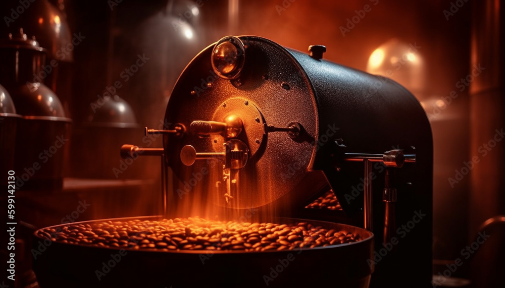 Dark cappuccino pouring from metallic espresso maker generated by AI