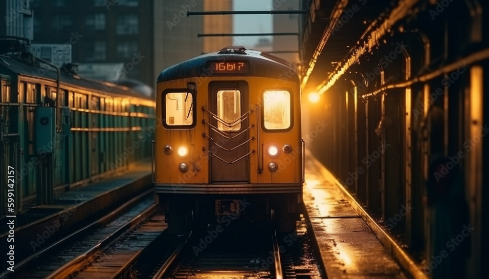 Yellow headlights illuminate modern subway train at dusk generated by AI