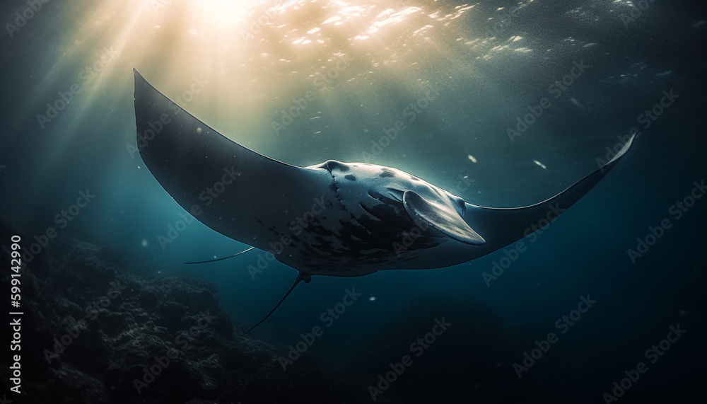Majestic giant manta ray swimming in deep water generated by AI