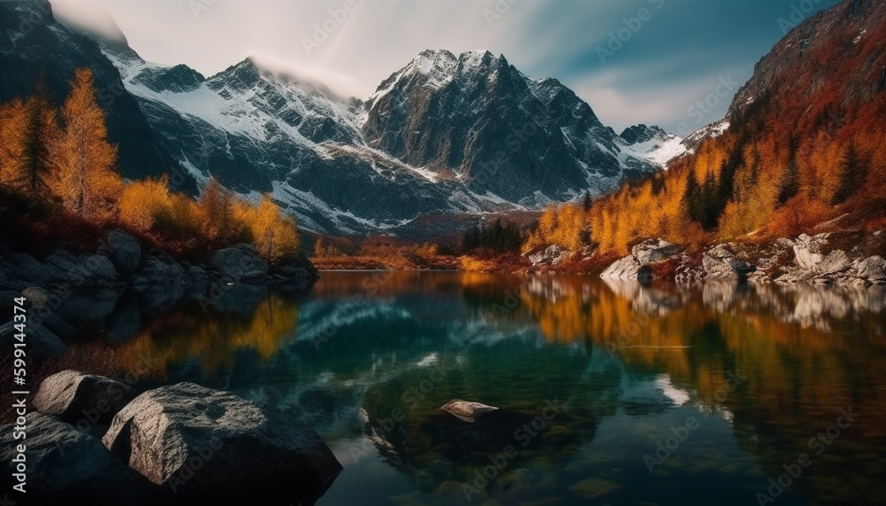 Majestic mountain peak reflects tranquil autumn beauty generated by AI