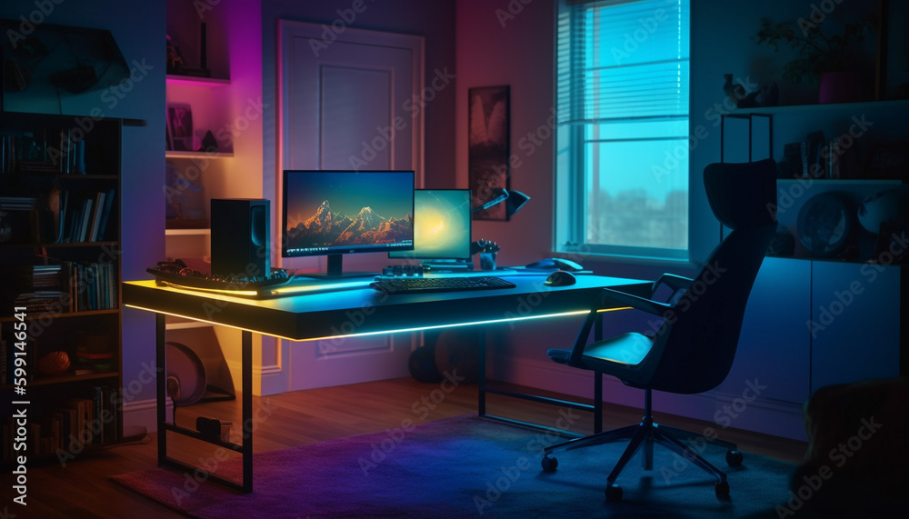 Modern office desk illuminated by computer monitor generated by AI