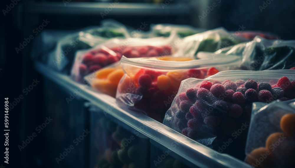 Abundance of fresh berry fruit in supermarket generated by AI