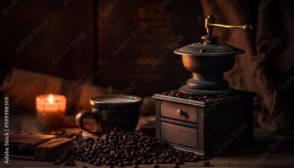 Freshly ground coffee in antique copper pot generated by AI
