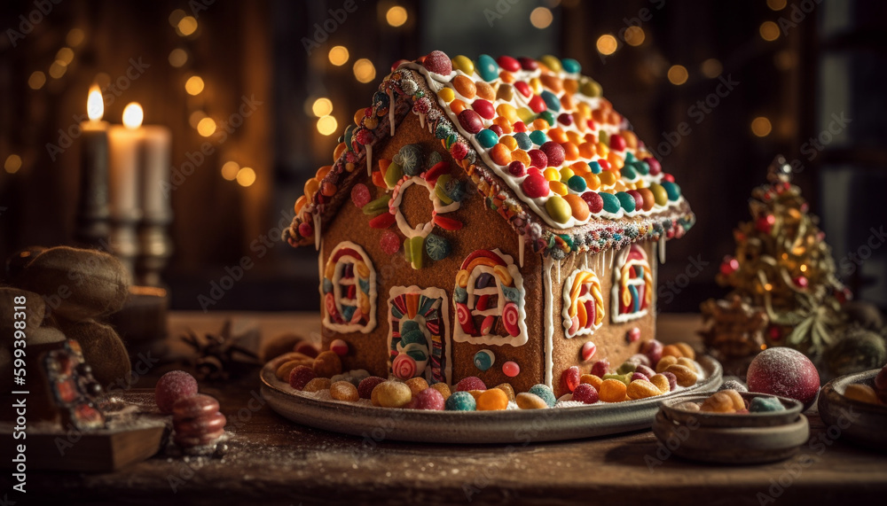 Homemade gingerbread house decoration with candy cane generated by AI