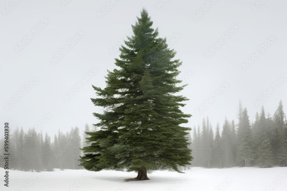 solitary pine tree standing in a snow-covered field Generative AI