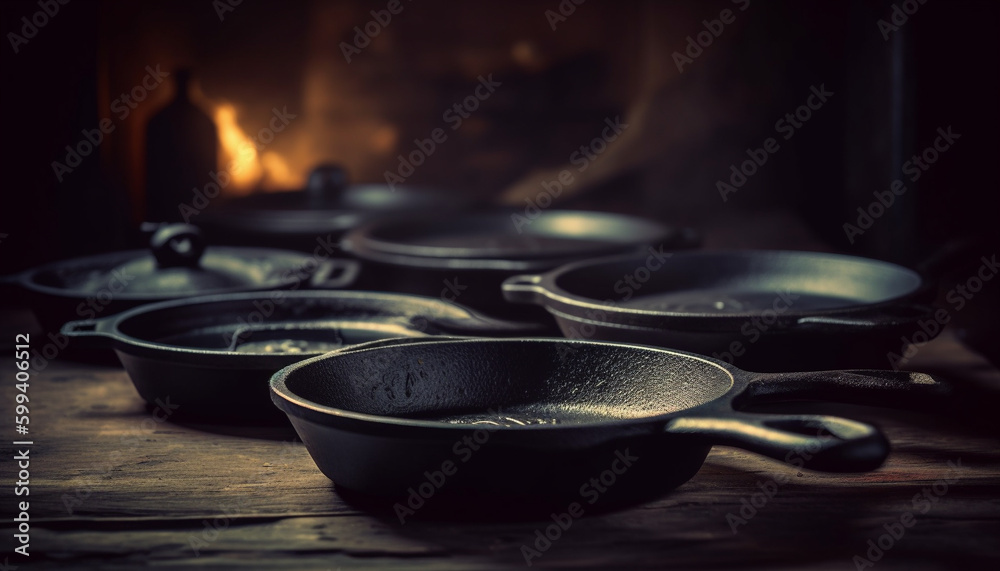 Rustic pottery bowl holds ancient cooking flame generated by AI