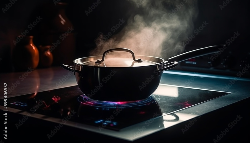 Stainless steel cooking pan on gas stove generated by AI