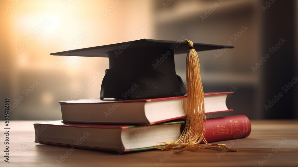 Books and graduation cap. Illustration AI Generative