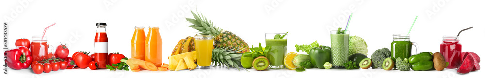 Set of different smoothies with ingredients on white background