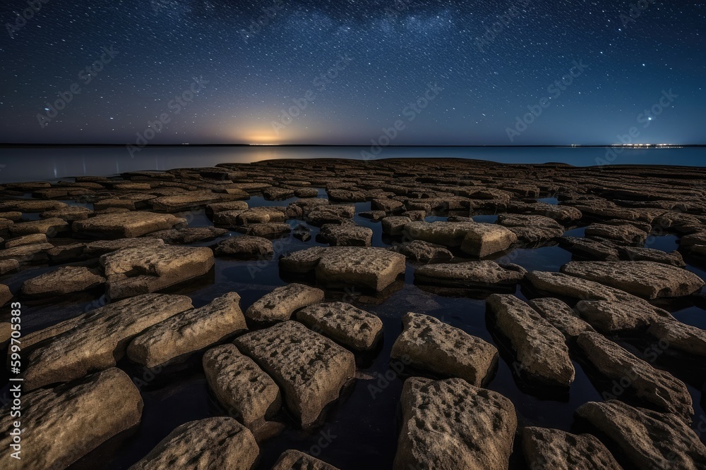 serene night sky over the ocean with rocks in the foreground Generative AI
