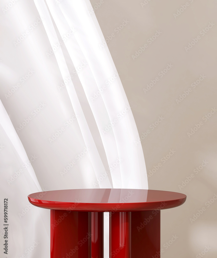 Empty modern glossy red round podium side table, soft white blowing drapery curtain in sunlight on b