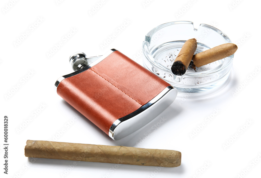 New hip flask and ash tray with cigars isolated on white background