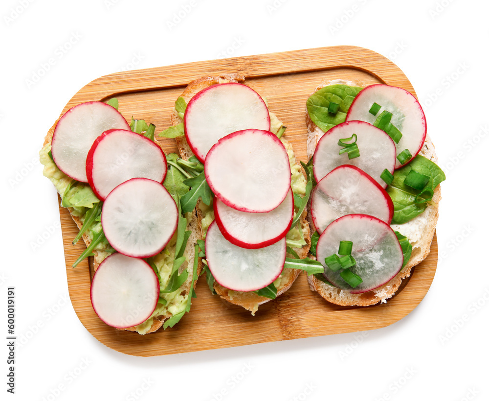 Board with delicious radish bruschettas isolated on white background