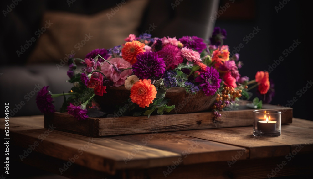 Fresh bouquet on rustic table, candle flame generated by AI