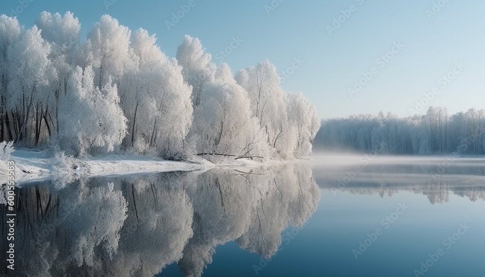 Winter landscape: tranquil tree reflects in frozen pond generated by AI