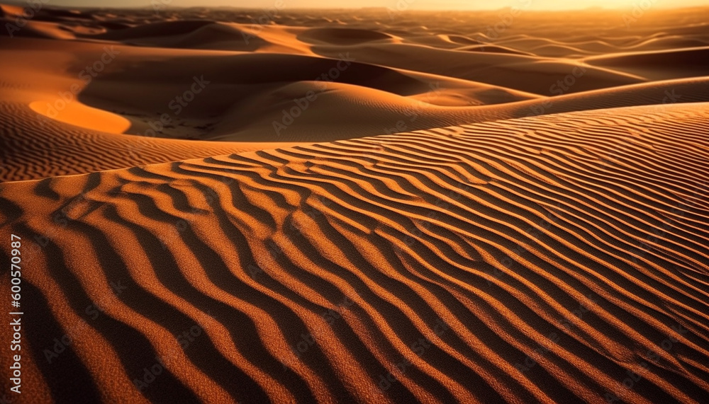 Rippled sand dunes majestically frame sunset sky generated by AI