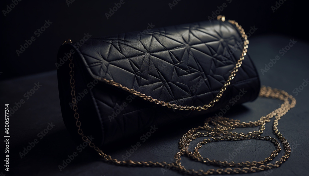 Shiny black leather bag with gold chain strap generated by AI