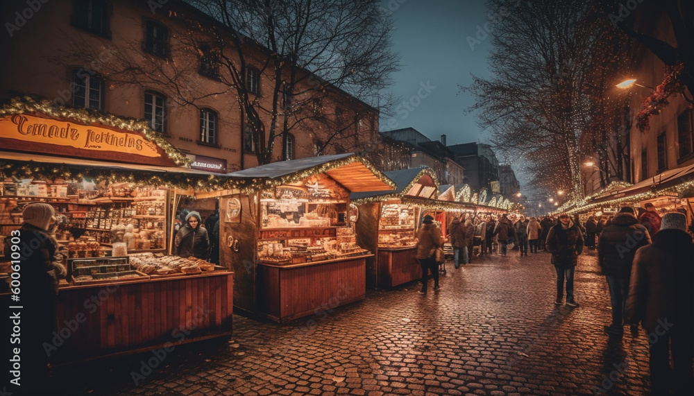 Nighttime Christmas market illuminates cultures and traditions in city streets generated by AI