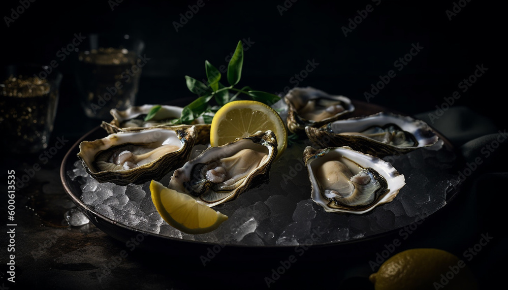 Fresh Pacific oysters on ice, a gourmet seafood appetizer generated by AI
