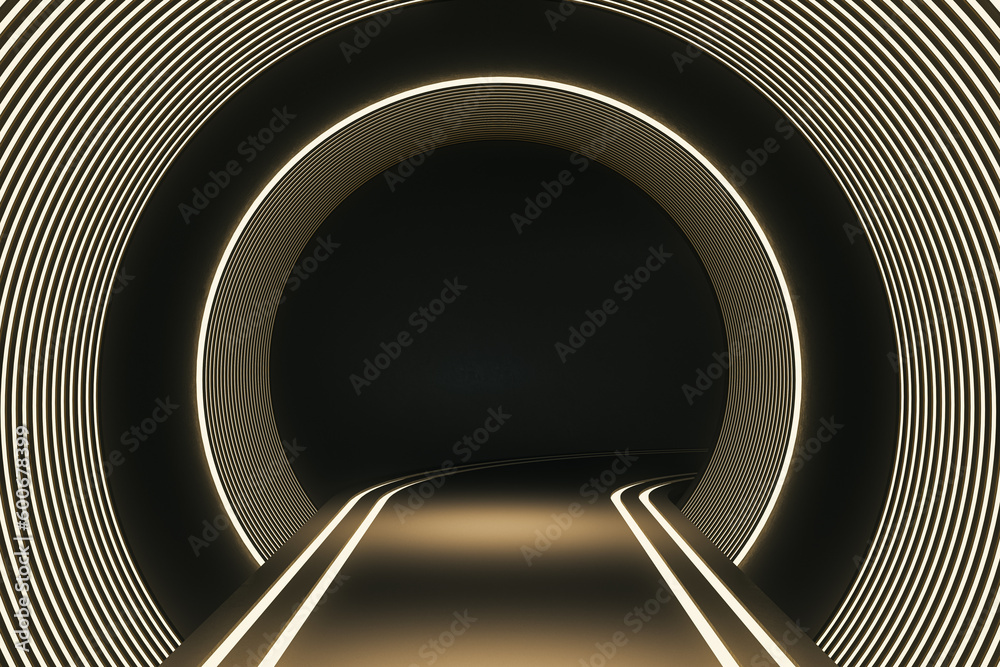 Abstract gray futuristic tunnel with lines backdrop. Website landing page concept. 3D Rendering.