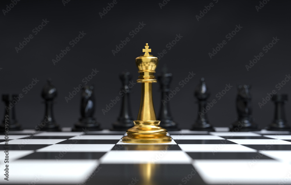 The golden chess king is standing in front of the chess pieces.