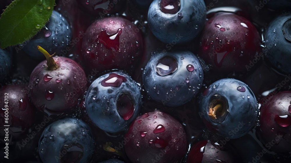 Fresh ripe huckleberry with water drops background. Berries backdrop. Generative AI