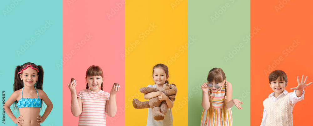 Set of little children on color background
