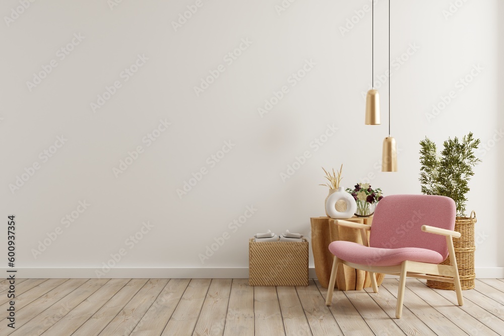 The interior has a pink armchair on empty white wall background.3d rendering