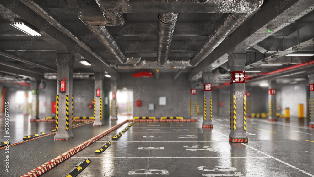 Realistic render empty underground parking. 3d illustration