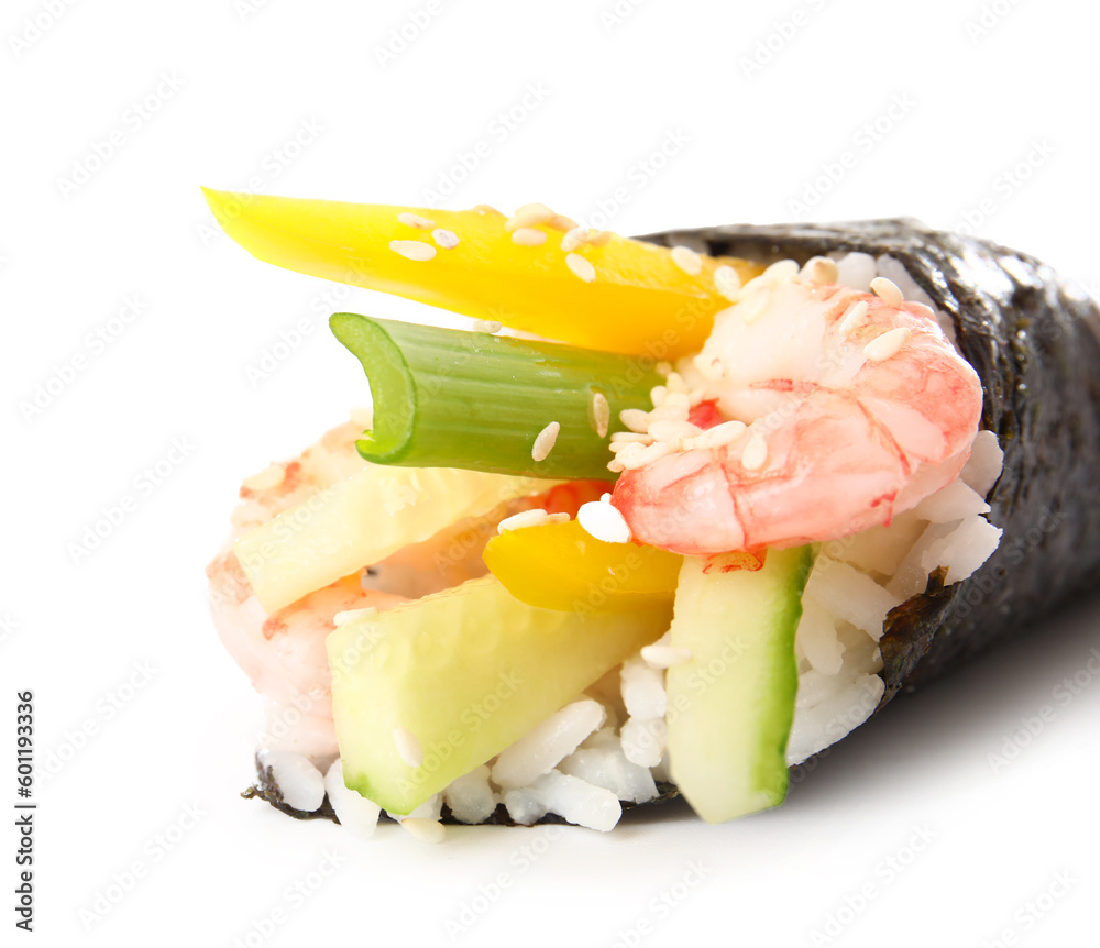 Tasty sushi cone on white background, closeup