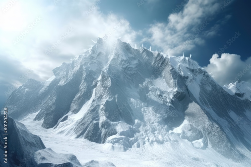 majestic snow-capped mountain under a moody cloudy sky Generative AI
