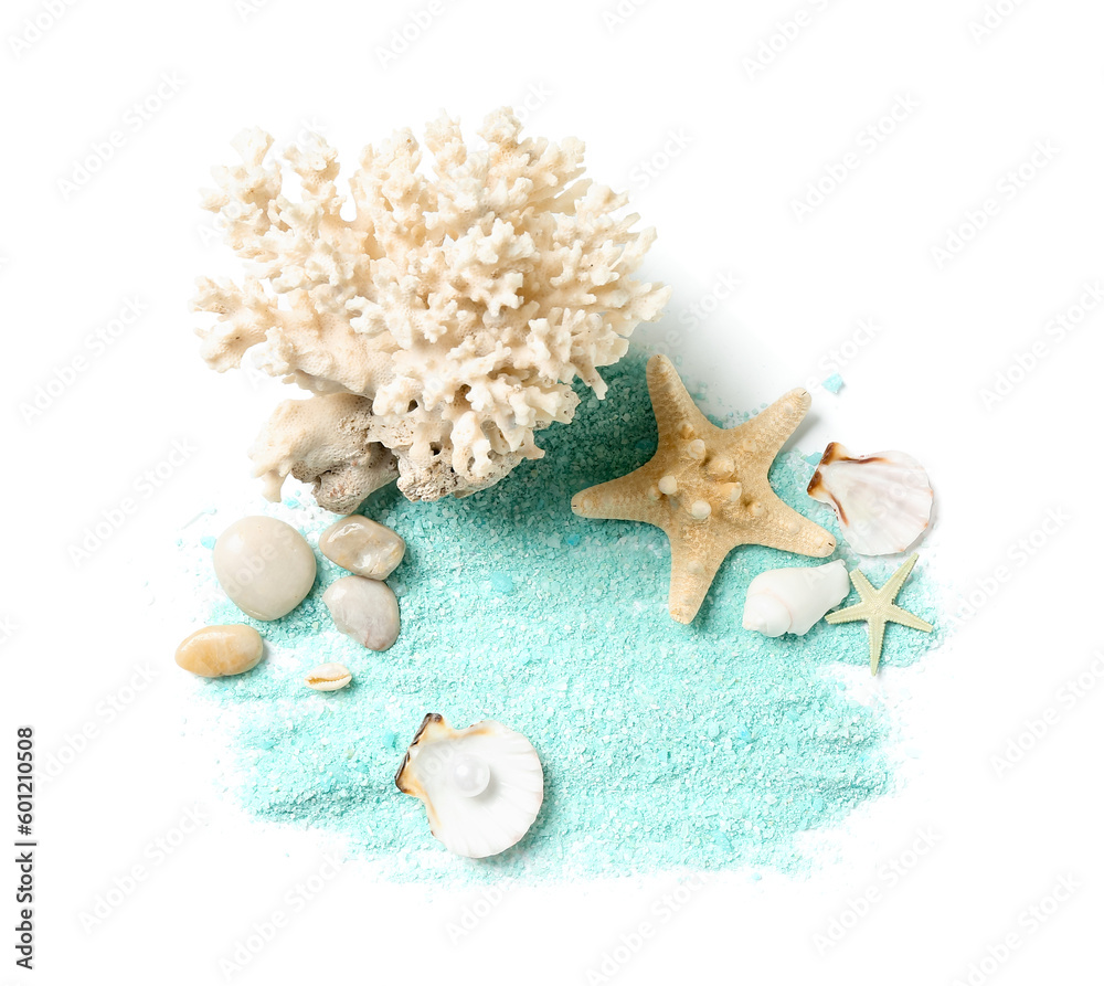 Blue sea salt with seashells, coral and starfishes on white background