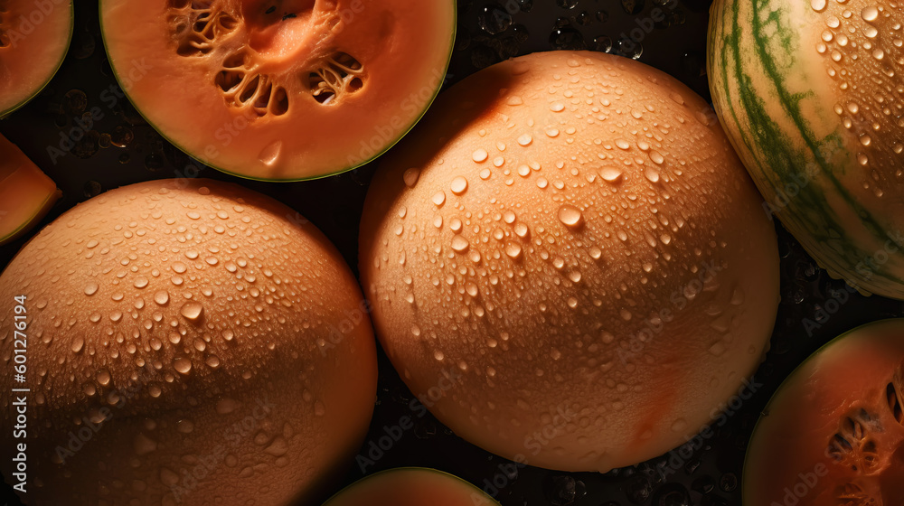 Fresh ripe cantaloupes with water drops background. Fruits backdrop. Generative AI