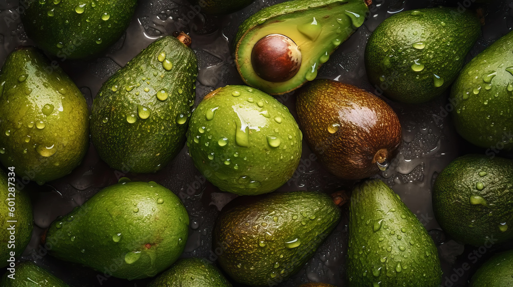 Fresh ripe avocados with water drops background. Fruits backdrop. Generative AI
