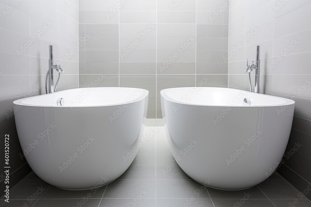 two identical white bathtubs placed side by side in a modern bathroom Generative AI