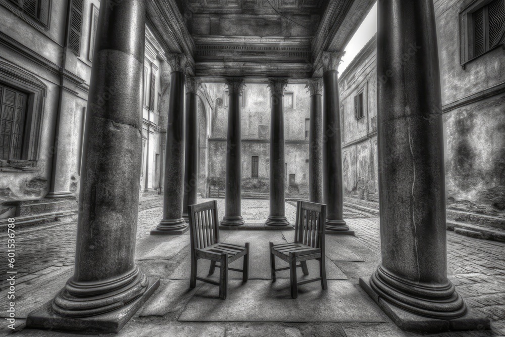 two classic chairs with ornate details placed in a room with elegant columns Generative AI