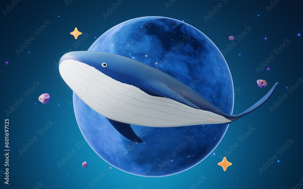 Whale in the outer space, 3d rendering.