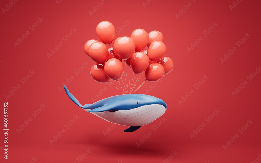 Whale with balloons, 3d rendering.