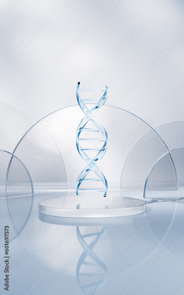 DNA with glass geometry background, 3d rendering.