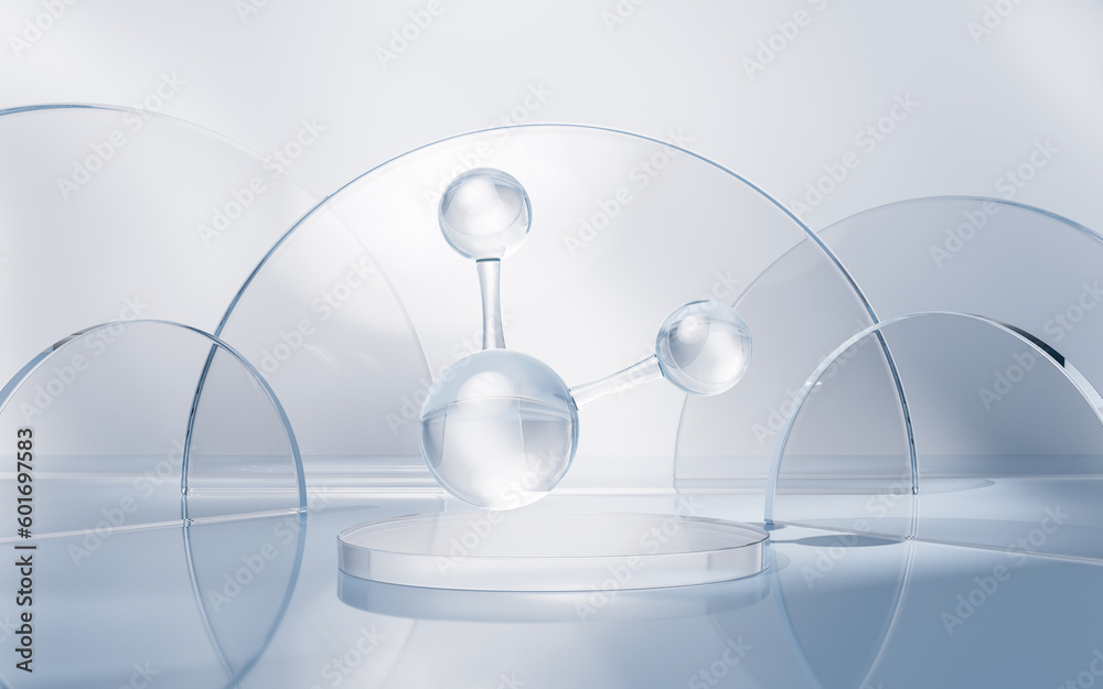 Molecule with glass geometry background, 3d rendering.